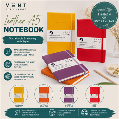 VENT For Change Leather A5 Notebook promotional graphic showing three colored notebooks in yellow, orange, purple, and red, with text highlighting sustainable materials and a special offer price.