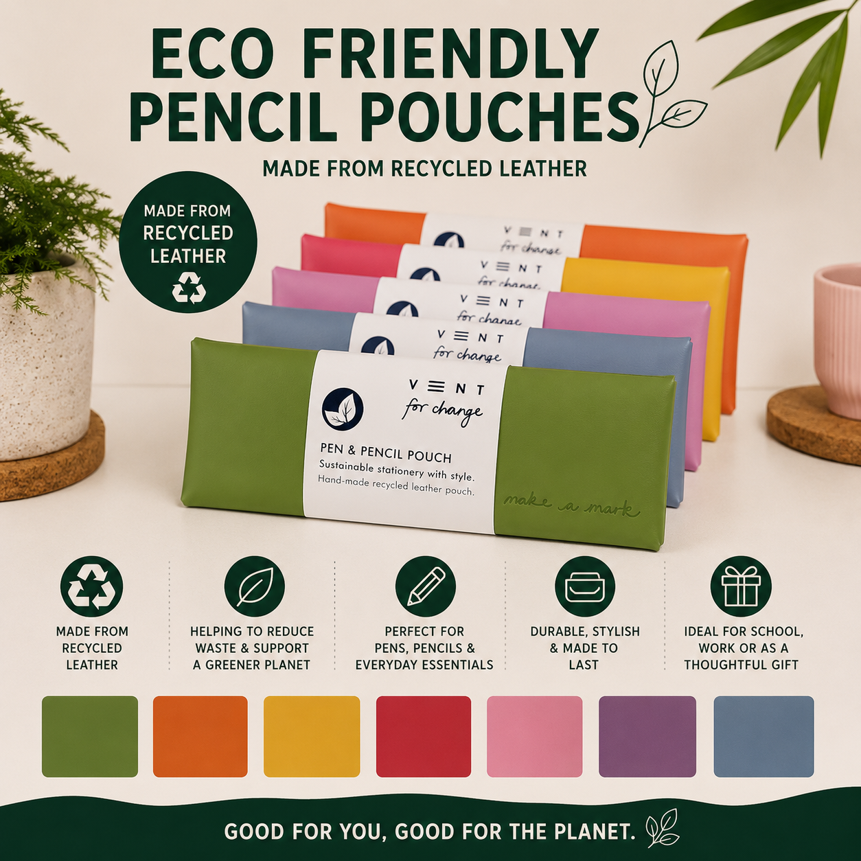 A set of colorful pen and pencil pouches from the brand VENT for change, made from recycled leather. The image shows multiple pouches in different colors (green, orange, pink, yellow, purple, blue) stacked together with a white paper band.