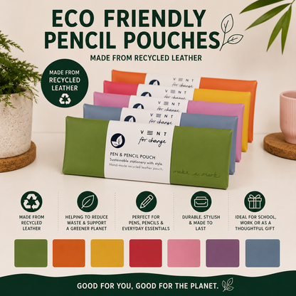 A set of colorful pen and pencil pouches from the brand VENT for change, made from recycled leather. The image shows multiple pouches in different colors (green, orange, pink, yellow, purple, blue) stacked together with a white paper band.