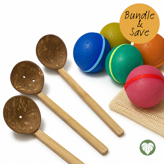 A product bundle featuring four natural wood and coconut shell spoons alongside five colorful bath bombs in blue, green, yellow, orange, and pink, with a 'Bundle & Save' promotional sticker.