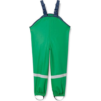Green waterproof bib overalls with navy blue adjustable shoulder straps and a reflective silver stripe on the lower legs, shown flat against a white background.