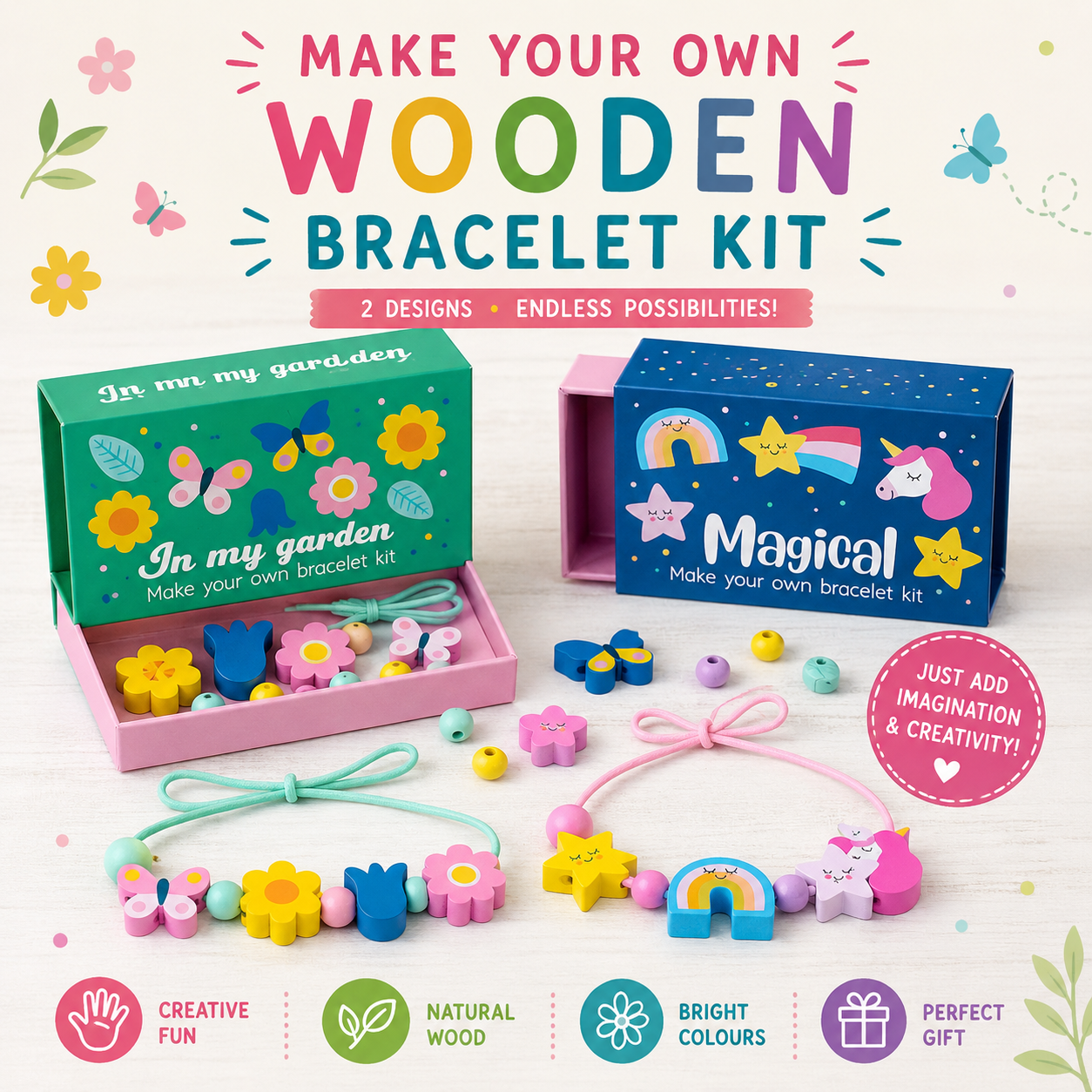 A children's wooden bracelet making kit shown open and closed with colorful wooden beads, flower charms, rainbow charms, and small accessories. The packaging boxes are green and blue with playful illustrations, and the top text reads 'MAKE YOUR OWN WOODEN BRACELET KIT.